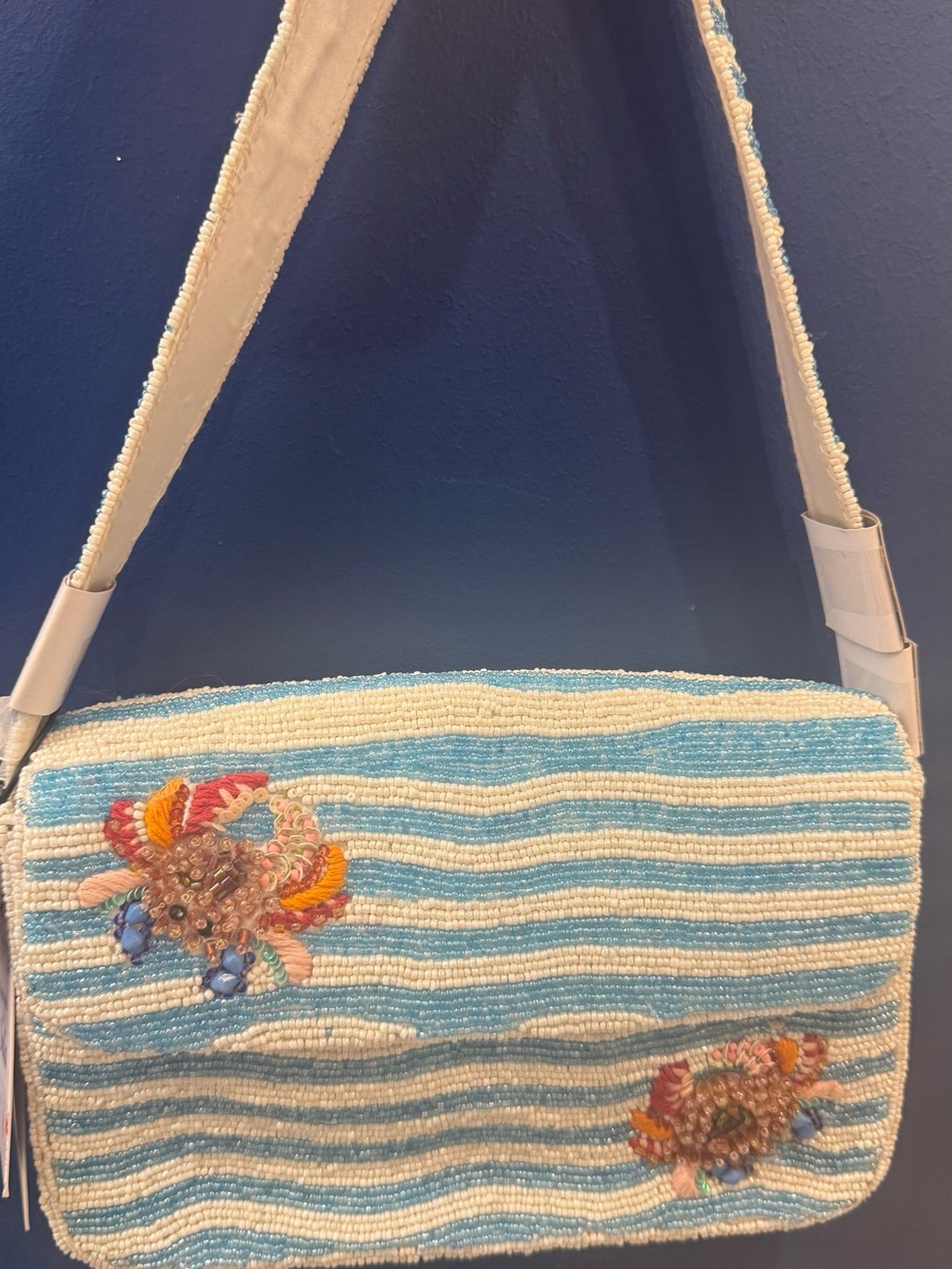 Beaded Blue & White Striped Shoulder Bag with Floral Embroidery